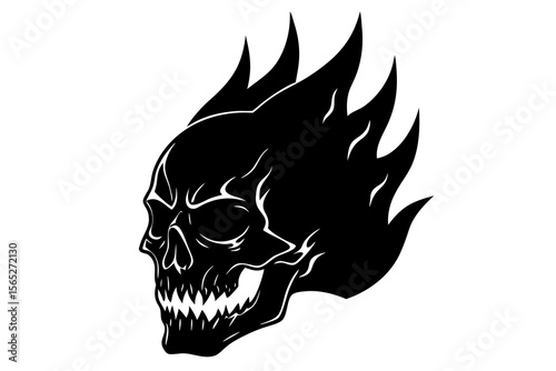 Black Flaming Skull Silhouette Vector Illustration