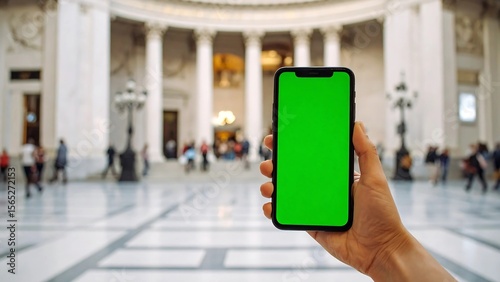 Wallpaper Mural Hand Holding Smartphone with Green Screen in Grand Building Interior Torontodigital.ca
