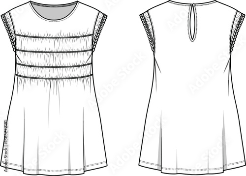 Fashion illustration of sleeveless top, braided sleeve detail, front and back view, summer clothing design, stylish, chic, comfortable wear