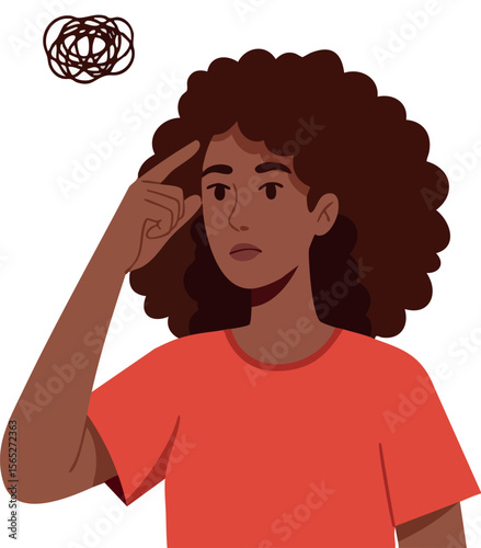 Woman with curly hair thinking and confused expression in red shirt vector illustration 