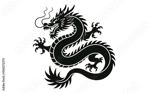 Black dragon coiled with sharp claws and flowing mane serpentine mythical