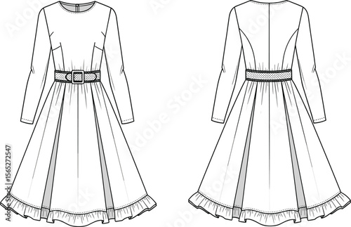 illustration with belt, ruffled hem, front and back view, apparel sketch for sewing pattern design