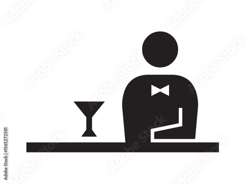 Vector isolated black man bartender at the bar with a glass colorless black and white flat symbol icon logo infographics on a white background silhouette shadow shape stencil solid black