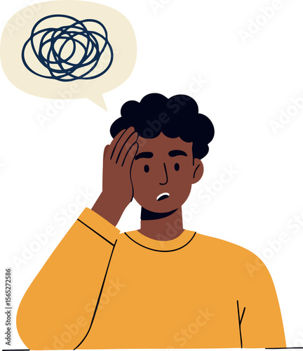 Young man with confused expression and thought bubble showing tangled lines vector illustration 