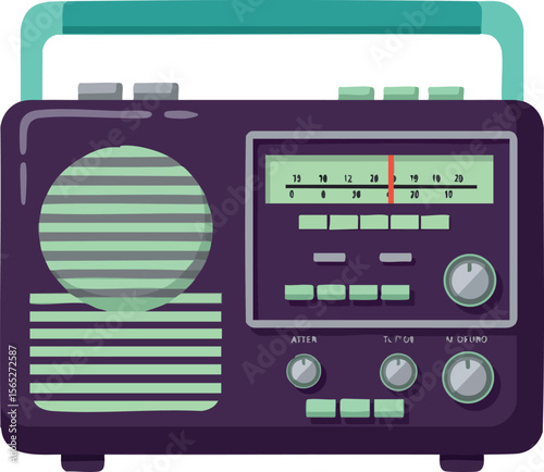 Vintage portable radio with dials and handle in purple and green vector illustration 