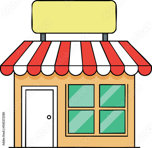 Small store building vector with red and white striped awning and yellow signboard