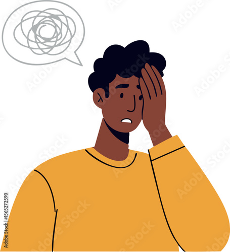 Man with confused expression and speech bubble anxiety illustration in yellow sweater 