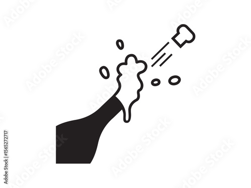 Vector isolated open bottle of champagne with popping cork colorless black and white flat symbol icon logo infographics on a white background silhouette shadow shape stencil solid black