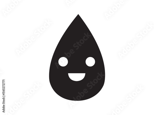 Vector isolated one single simple black drop with eyes and smile colorless black and white flat symbol icon logo infographics on a white background silhouette shadow shape stencil solid black
