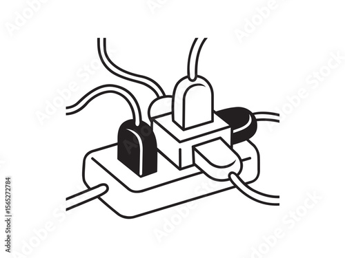 Vector isolated power strip, surge protector, extension cord, cable, socket, colorless black symbol icon logo infographics on a white background simple minimal graphic element