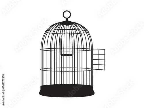 Vector isolated one single open retro vintage bird cage empty  colorless black and white contour line easy drawing