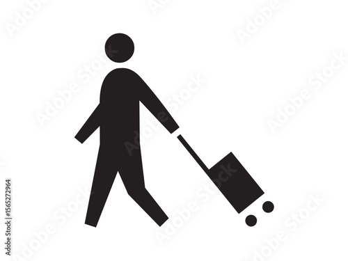 Vector isolated walking man with  a wheeled suitcase  luggage side view sign colorless black and white outline silhouette shadow shape stencil solid black

