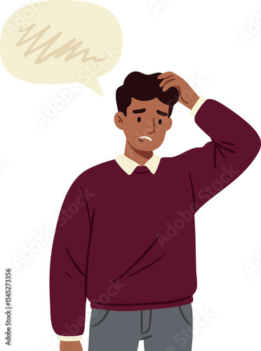 Confused young man scratching head with speech bubble vector illustration in casual clothes 