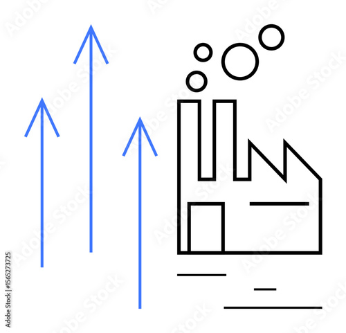 Factory outline with chimneys emitting bubbles alongside three upward arrows symbolizing progress, growth, and industrial success. Ideal for business, economy, industry, innovation, strategy
