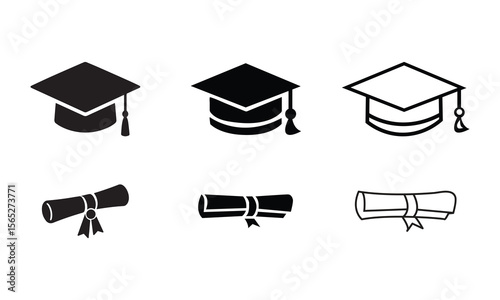 Graduation hat with diploma icon set.  College, school, and university graduation ceremony concept. Vector illustration.