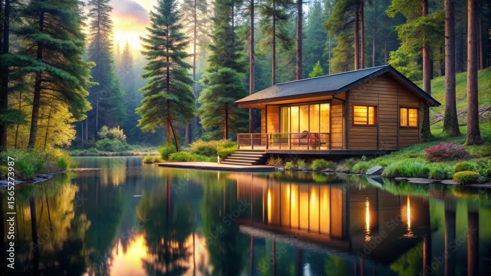 Fototapeta premium Serene Lakeside Cabin Retreat Illuminated by Warm Evening Light, Nestled Amongst Tall Evergreens Reflecting in Calm Waters