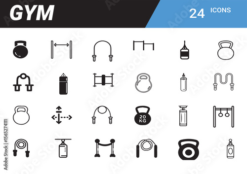 Gym Equipment Icons: A collection of 24 meticulously crafted gym icons, offering a comprehensive visual guide to various exercise equipment, perfect for fitness-related designs and presentations. 