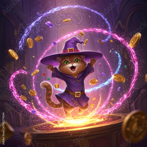 Enchanted Feline Sorcerer with Sparkling Aura and Riches

