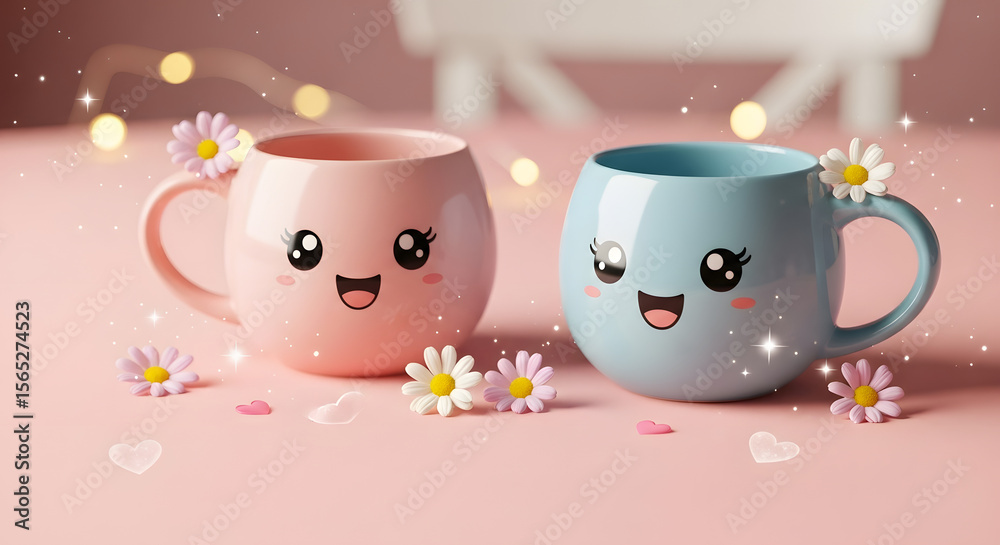 Fototapeta premium Cute Kawaii Mugs: Pink & Blue Happy Faces