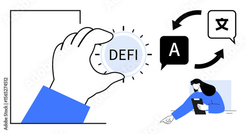 Hand holding decentralized finance coin, language translation arrows with text icons, and woman reviewing paperwork. Ideal for technology, finance, DeFi, blockchain, language services, learning