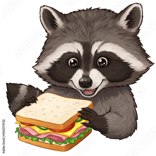 Happy Cartoon Raccoon Holding Big Delicious Sandwich Vector
