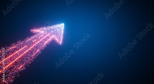 Glowing digital arrow pointing upwards with network connections in a dark backdrop