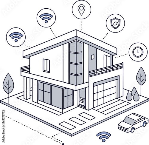 Modern smart home with integrated technology and wireless connectivity icons surrounding the building