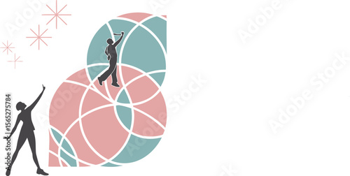 Two energetic silhouettes reaching upwards against a backdrop of abstract geometric shapes and starbursts