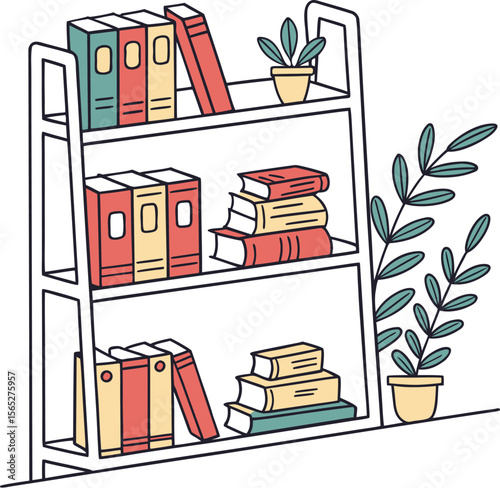 A simple illustration of a white bookshelf filled with colorful books and potted plants