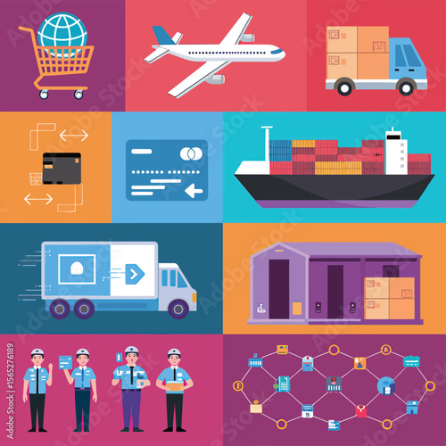 2d vector illustration colorful Land and sea transport techniques, methods and technological tools for transporting and shipping goods and products and logistic 
