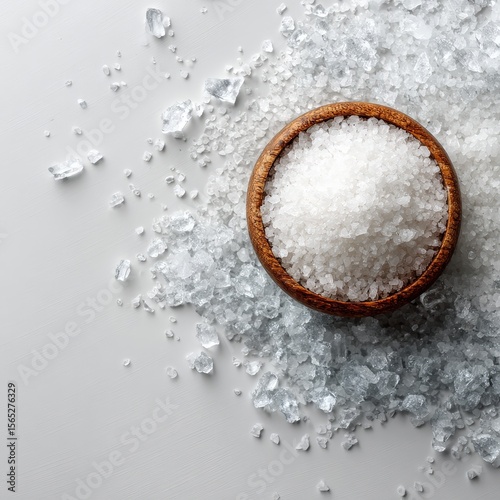 Flat lay style A bowl of coarse salt surrounded by scattered salt crystals on a light-colored surface, creating a textured and natural aesthetic.