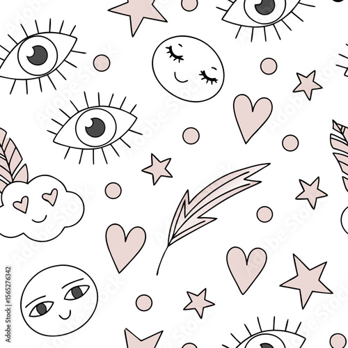 Minimal Playful Doodle Icons – Seamless Vector.
Fun seamless pattern of minimal doodle icons like faces and hearts in pastel tones. Great for stationery, youth branding and digital use.