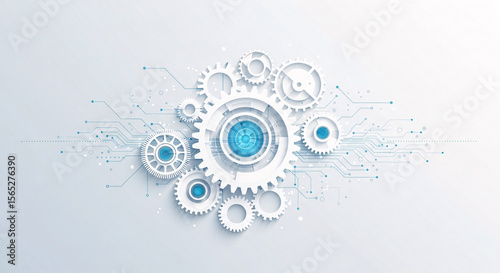 White Gears with Technology Circuitry Lines, Data Stream, Mechanical and Engineering Concept Design