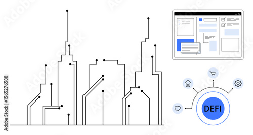 Circuit-thumbs up cityscape connected with nodes, decentralized finance platform interface, and icons for technology. Ideal for fintech, DeFi, smart city, blockchain, connectivity, innovation simple