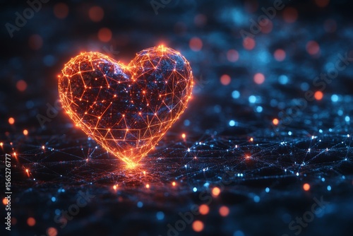 Glowing Digital Heart: Futuristic Love Connection with Networked Illumination and Abstract Bokeh Background