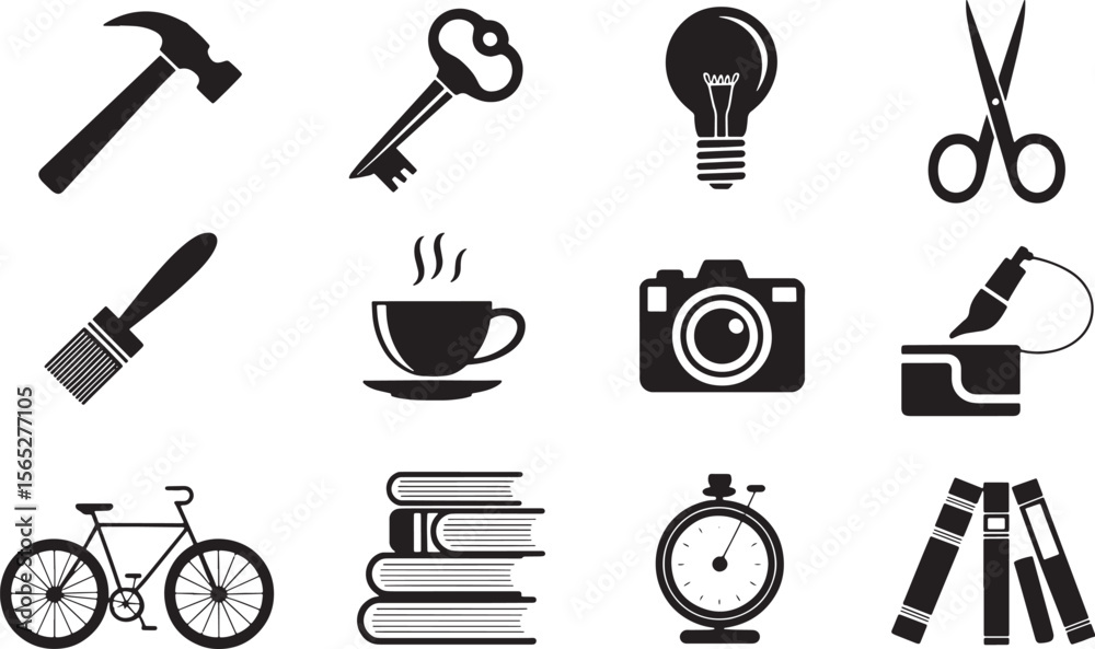 Fototapeta premium Cat illustration with tools and objects including a hammer in a colorful design