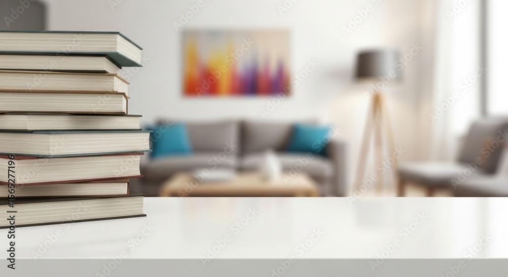 Stack of Books on White Table with Blurred Living Room Background Stack of Books on White Table with Blurred Living Room Background