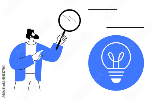 Man holding magnifying glass examining light bulb symbol, indicating idea concept. Ideal for creativity, problem-solving, research, innovation, analysis, design thinking, simple landing page