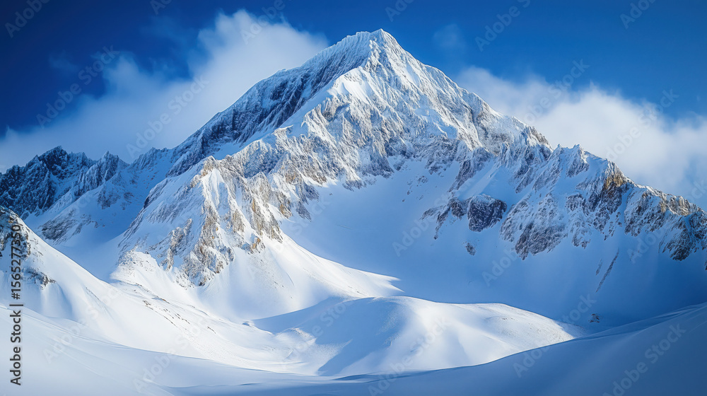 Fototapeta premium a towering snow-covered peak with rugged textures, deep shadows, and a crisp blue sky behind it, dramatic winter scenery