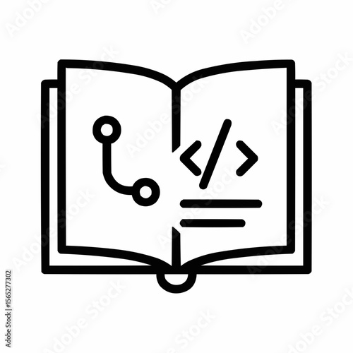 Open book with code snippets. Knowledge sharing