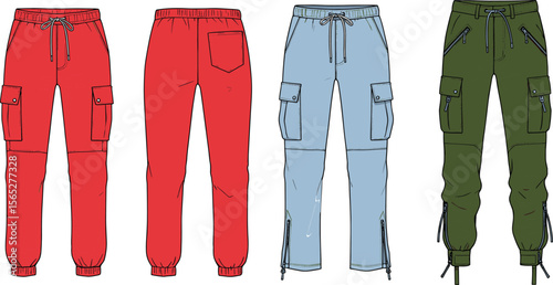  Set of stylish jogger pants flat sketches with cargo pockets, drawstrings, zipper details, streetwear fashion technical design for apparelflat vector illustration