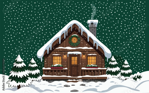 Cozy wooden cabin nestled amongst snowy trees winter