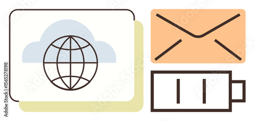 Globe in cloud interface, envelop for communication, and battery for energy. Ideal for technology, networking, energy, communication, digital platforms global reach and clean energy. Simple flat