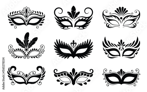 Ornate black masquerade masks with feathers and decorative elements vector
