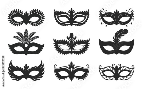 Collection of ornate masquerade masks with feathers and decorative elements vector