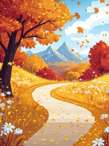 Autumn path winding through colorful foliage