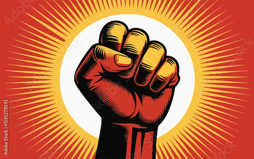 Red fist raised against sunburst power strength