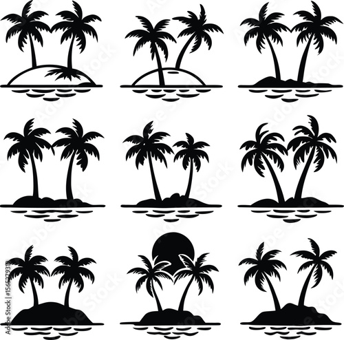 Set of tropical palm tree silhouettes in vector style for summer and beach designs