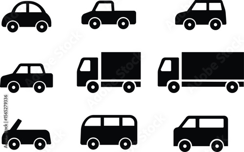 large set of simple vehicle silhouettes Commercial Vehicle Icons Simple car and truck icon set stock illustration Icon Symbol, Truck, Pick-up Truck, Car, Land Vehicle set of trucks silhouette