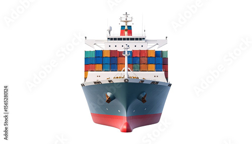 A large cargo ship loaded with colorful containers, navigating the open water, ready for shipping